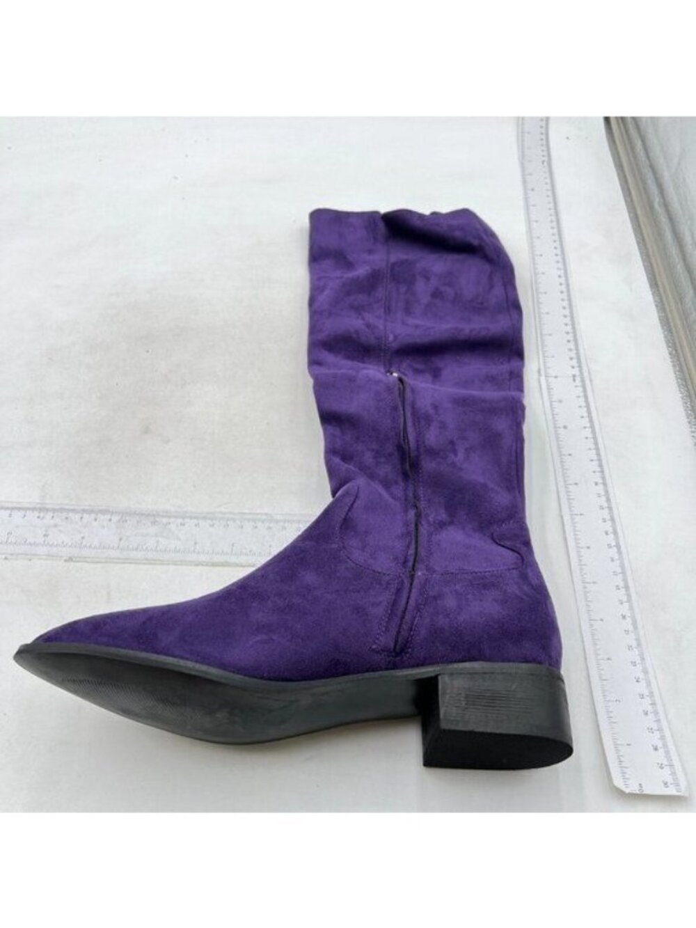 Women's Knee High Boots Flat Low Heel Stretchy Round Toe with Side Zipper Purple